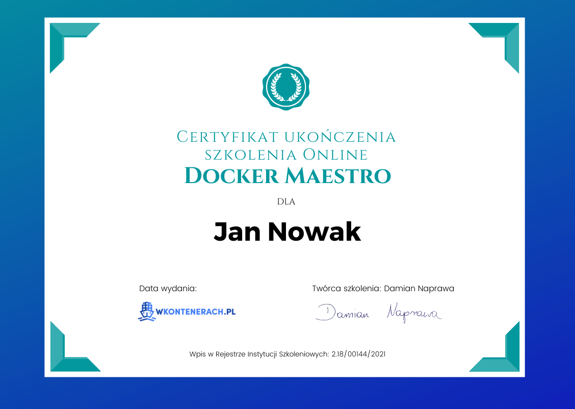 Certyfikat ukończenia Docker Maestro — przykład
