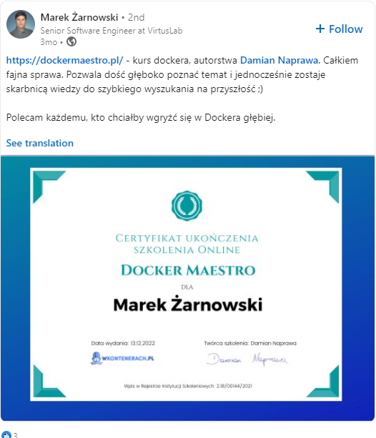 Opinia Marka Żarnowskiego — Docker Maestro
