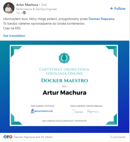 Opinia Artura Machury — Docker Maestro