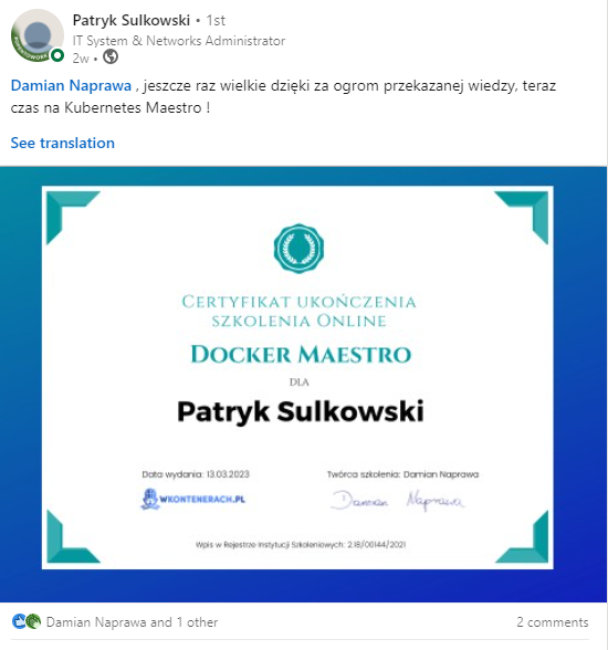 Opinia Patryka Sulkowskiego — Docker Maestro
