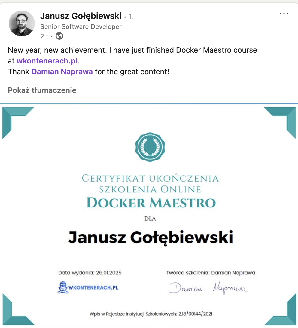 Opinia Janusza Gołębiewskiego — Docker Maestro