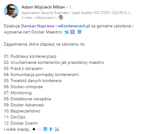 Opinia Adama Wojciecha Miliana — Docker Maestro