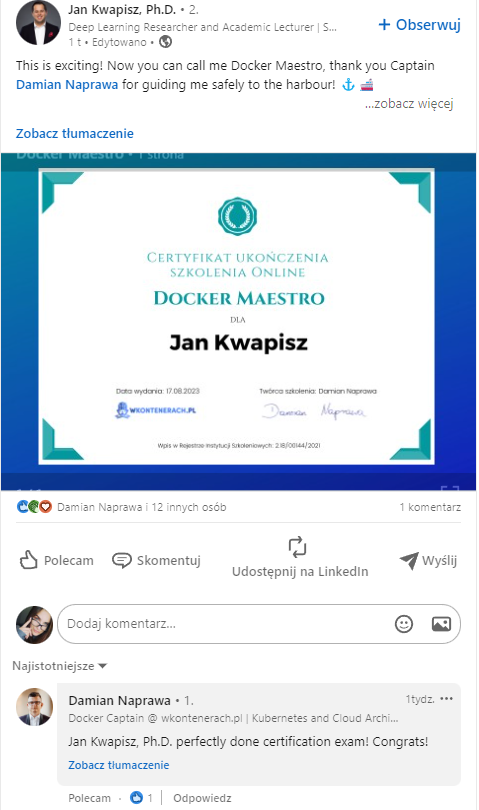 Opinia Jana Kwapisa — Docker Maestro