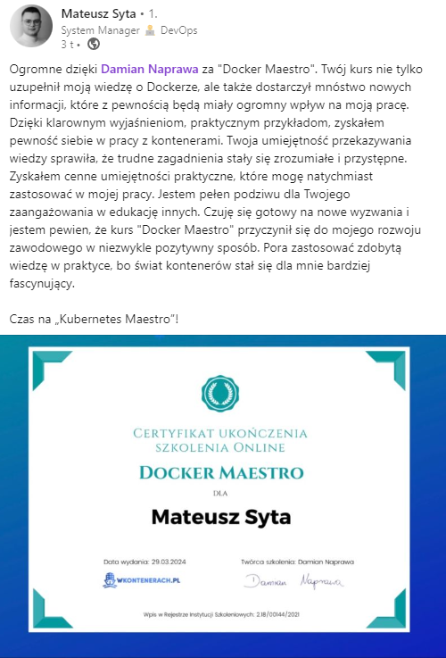 Opinia Mateusza Syty — Docker Maestro