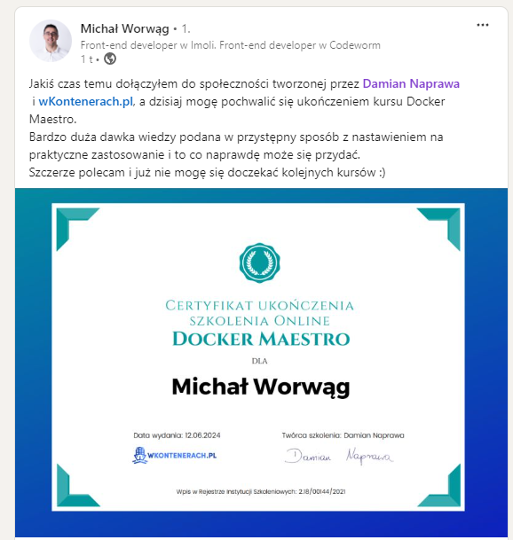 Opinia Michała Worwąga — Docker Maestro