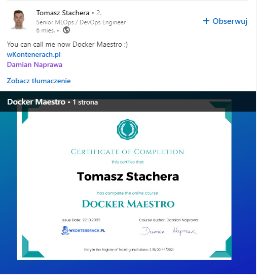 Opinia Tomasza Stachery — Docker Maestro