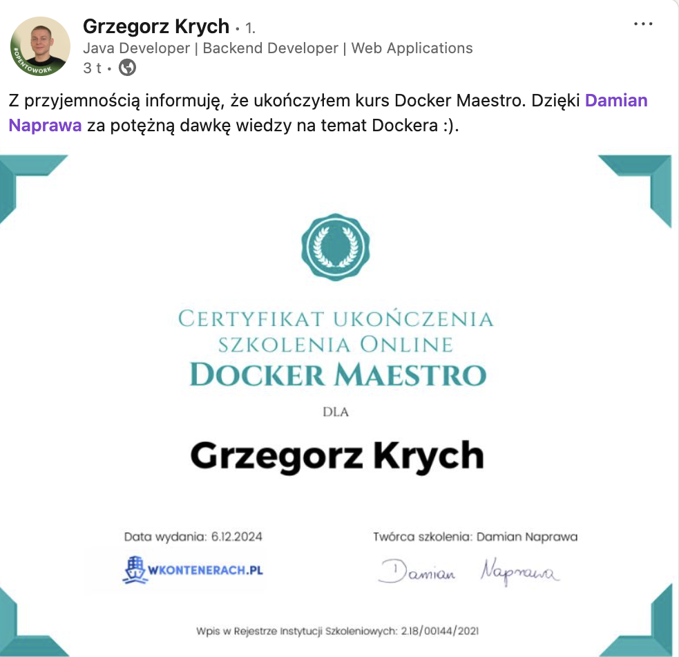 Opinia Grzegorza Krycha — Docker Maestro