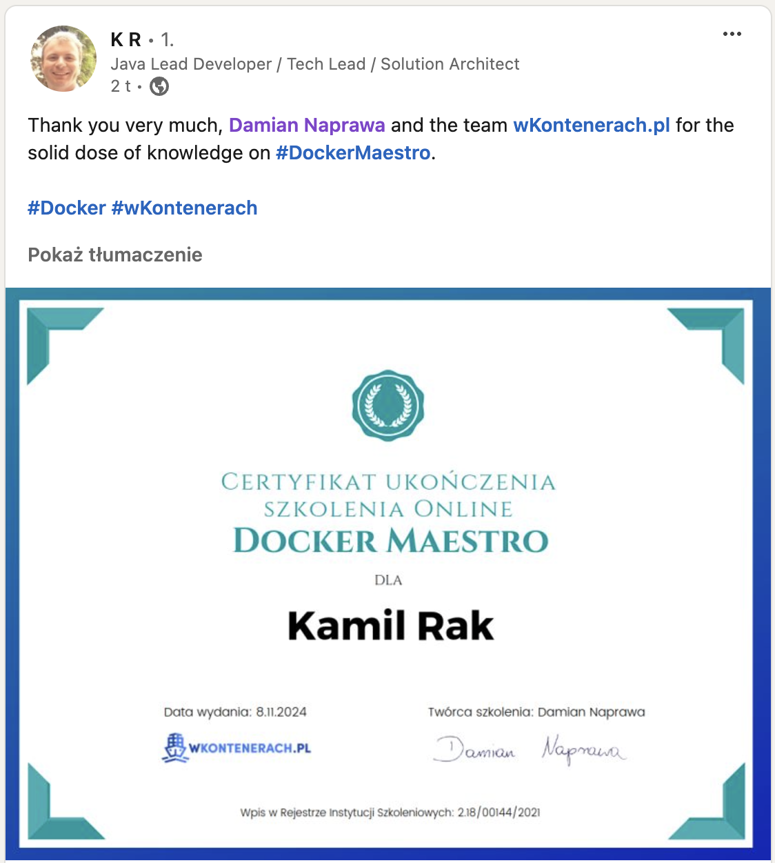 Opinia Kamila Raka — Docker Maestro