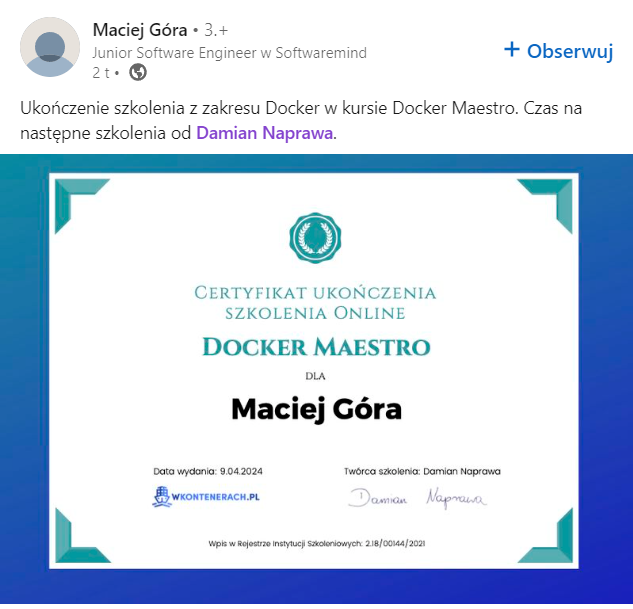 Opinia Macieja Góry — Docker Maestro