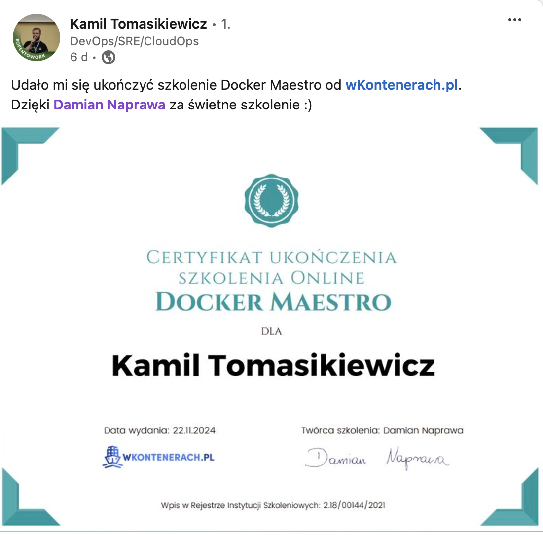 Opinia Kamila Tomasikiewicza — Docker Maestro