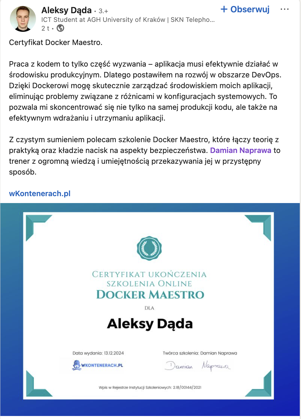 Opinia Aleksego Dądy — Docker Maestro