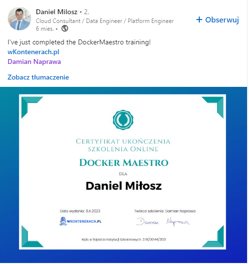 Opinia Daniela Miłosza — Docker Maestro